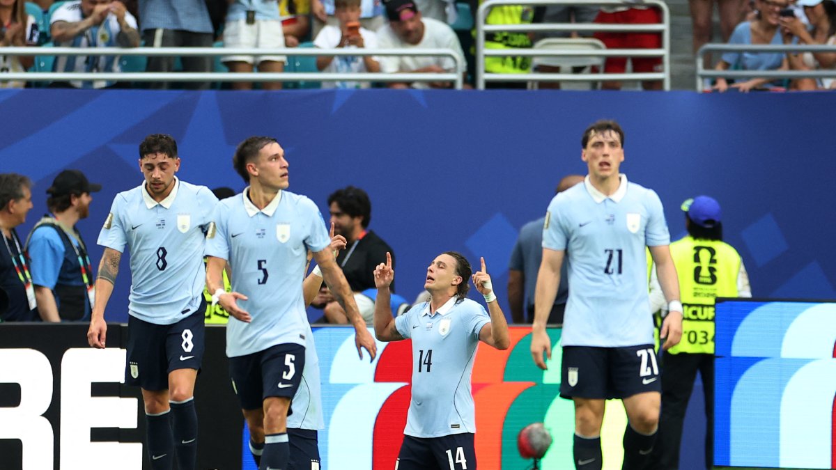Players on the Uruguayan national team celebrate a goal scored at the 2026 FIFA World Cup