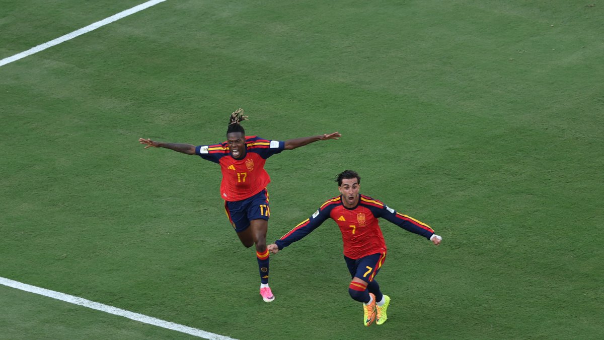 Ferran Torres of Spain celebrates after scoring their first goal during the FIFA World Cup Final.