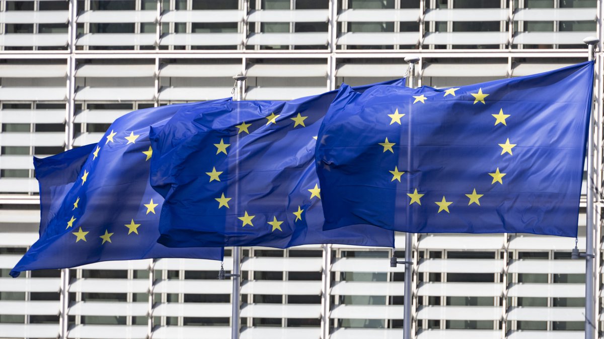 Flags of Europe as seen waving from the flagpoles in front of the EU Commission headquarters.