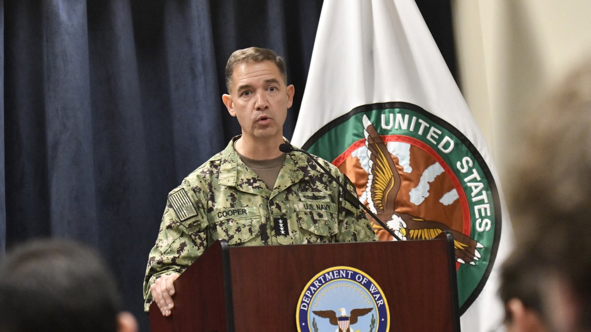 Admiral Brad Cooper, commander of CENTCOM, during a press conference. March 2026