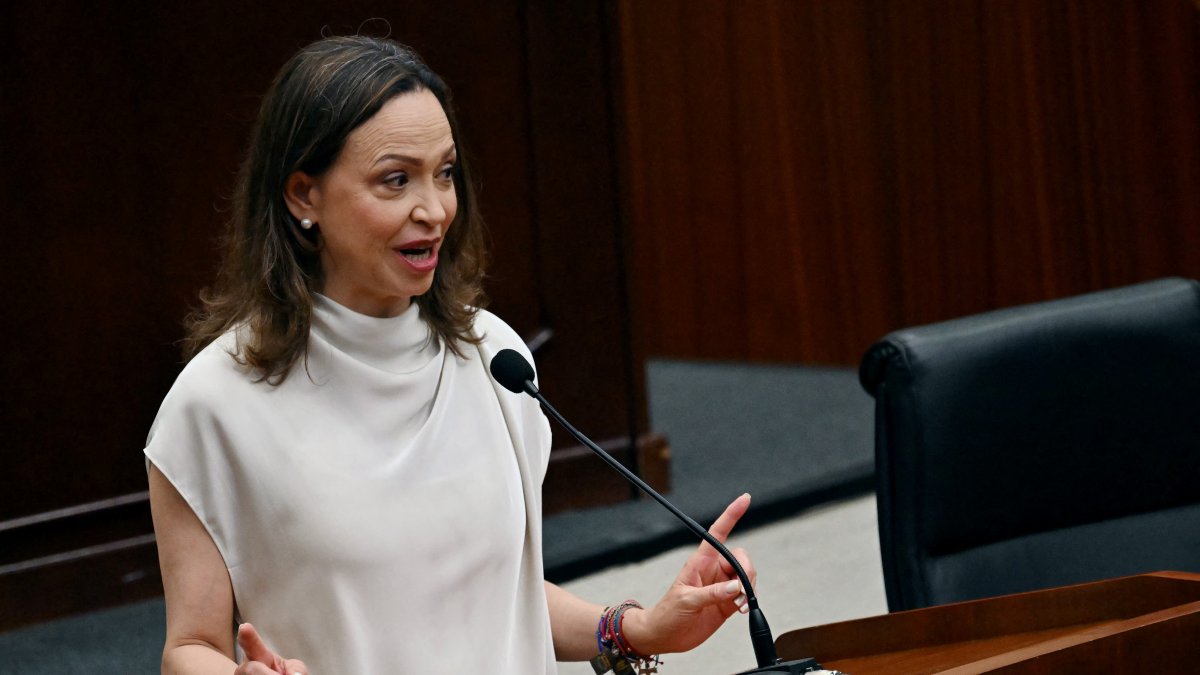 María Corina Machado delivering a speech before the National Assembly of Panama in May 2026.