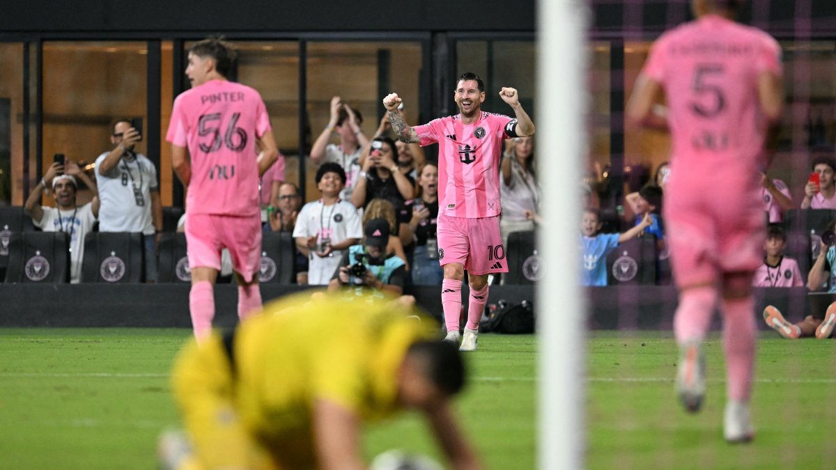 Messi celebrates one of his goals in the Leagues Cup