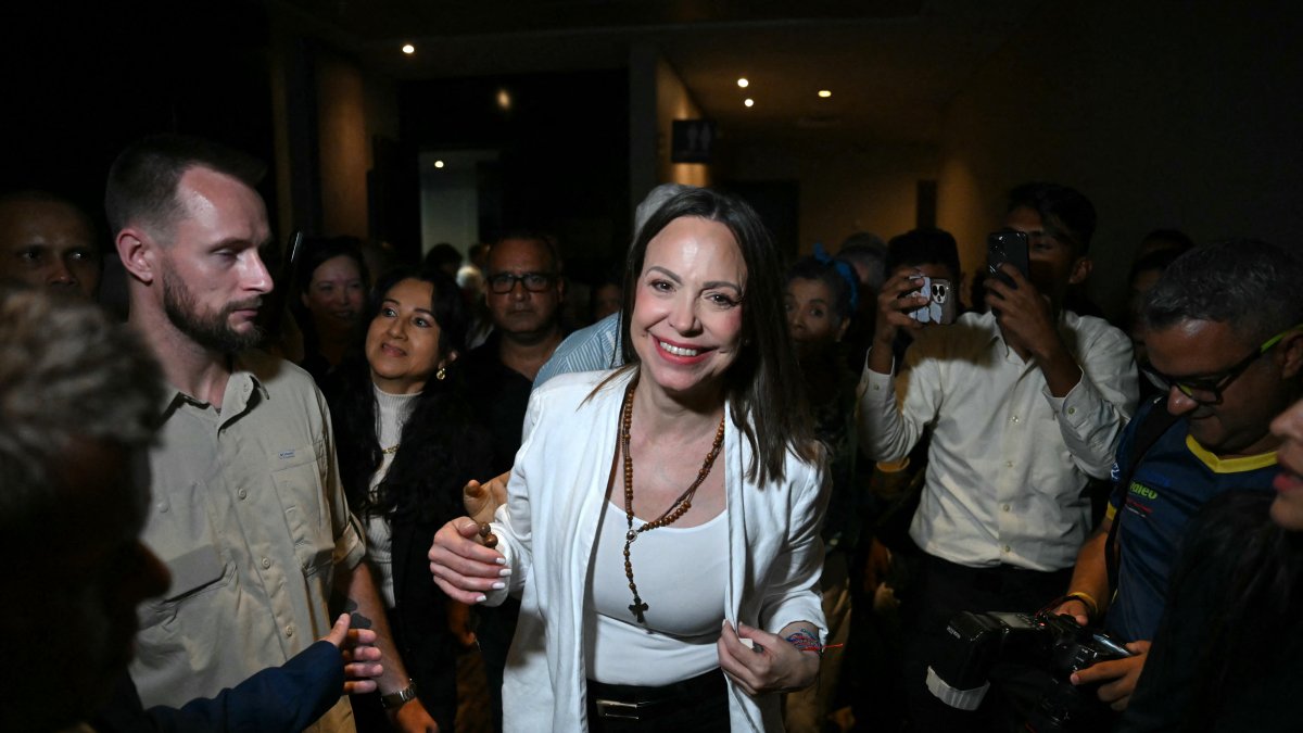 Venezuelan opposition leader María Corina Machado leaves a press conference in Panama City, Panama, on May 23, 2026.