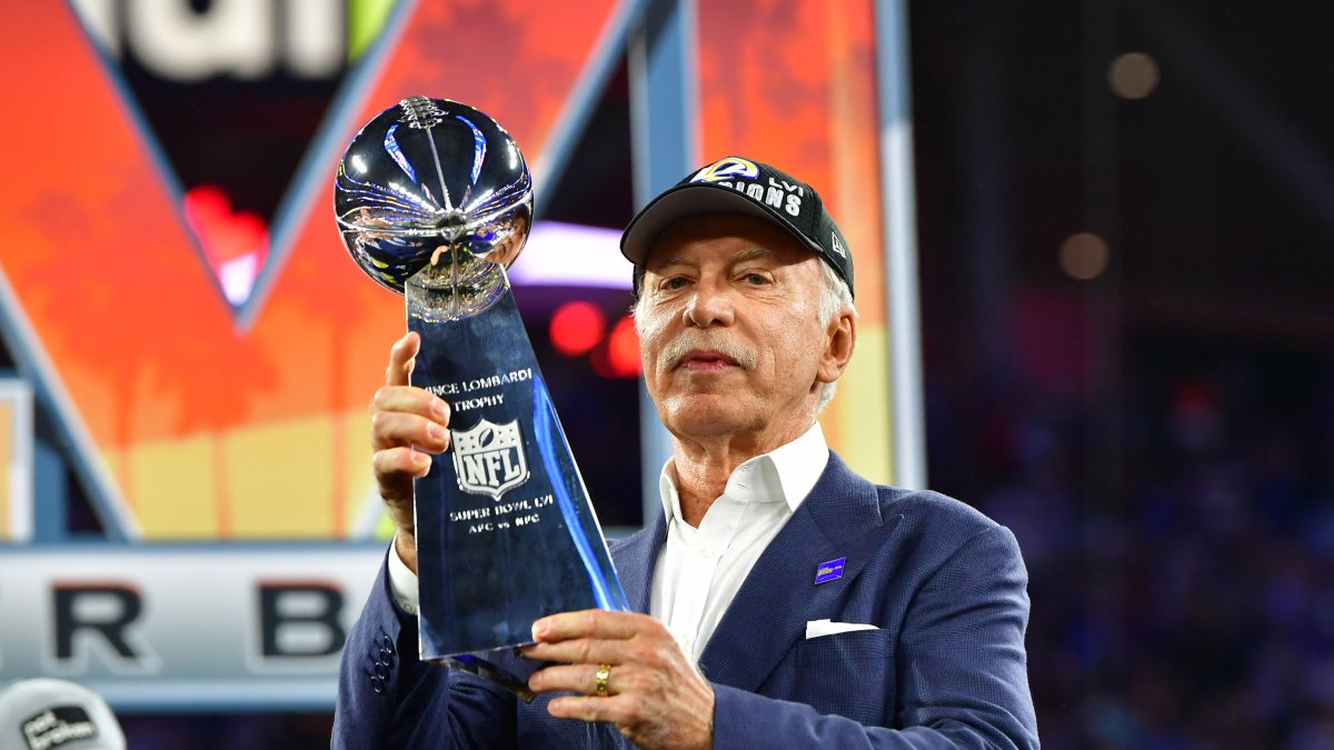 Stan Kroenke with the Vince Lombardi Trophy won by the Los Angeles Rams in Super Bowl LVI