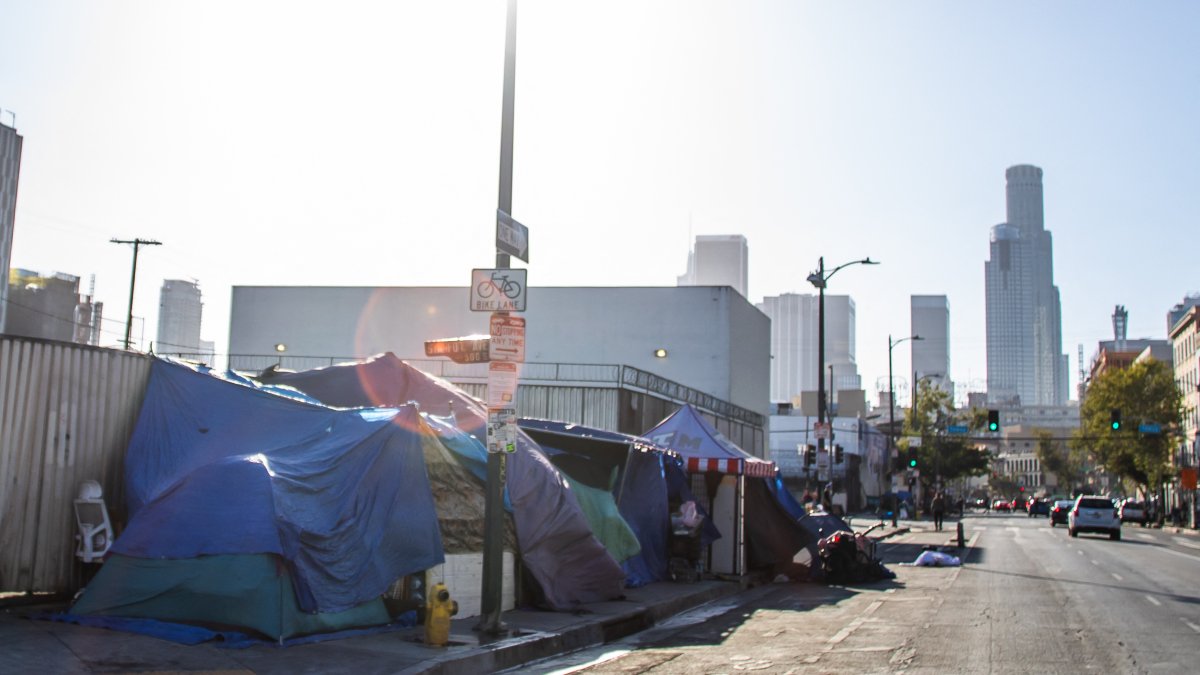 Homeless tents are seen in the Skid Row area of downtown Los Angeles. File photo