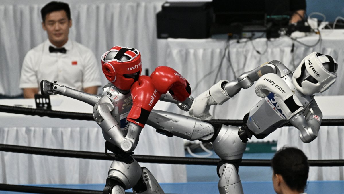 Robots humanoides se enfrentan en un combate de kickboxing en Pekín