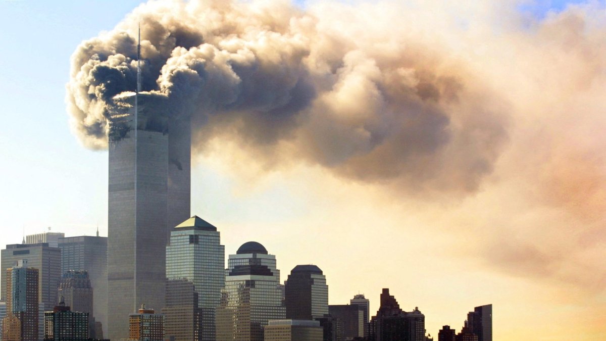 The Twin Towers after the 9/11 impacts