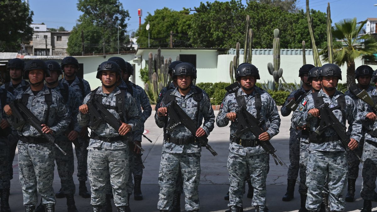Officers of the Mexican National Guard stand at attention