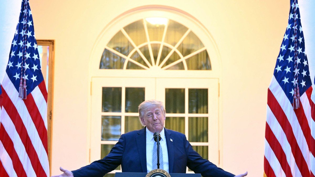 Donald Trump speaks during a dinner in the Rose Garden at the White House in Washington, D.C.