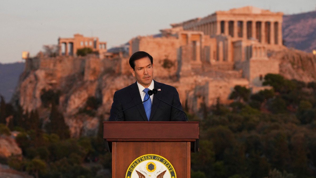 Marco Rubio delivers a speech on Pnyx Hill with the ancient Parthenon visible in the background