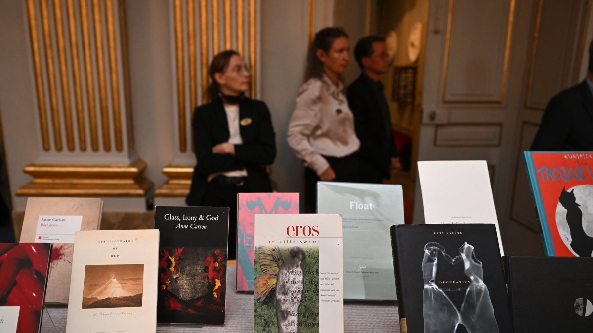 Copies of books by Canadian author Anne Carson are on display at the Swedish Academy in Stockholm, Sweden