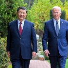 SAN FRANCISCO, Nov. 15, 2023 (Xinhua) -- Chinese President Xi Jinping and U.S. President Joe Biden take a walk after their talks in the Filoli Estate in the U.S. state of California, Nov. 15, 2023. Chinese President Xi Jinping and U.S. President Joe Biden on Wednesday had a candid and in-depth exchange of views on strategic and overarching issues critical to the direction of China-U.S. relations and on major issues affecting world peace and development. The meeting was held at Filoli Estate, a country house approximately 40 km south of San Francisco, California. (Xinhua/Li Xueren) (Photo by LI XUEREN / XINHUA / Xinhua via AFP)