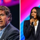 Composición de dos imágenes, una del comentarista político conservador estadounidense Tucker Carlson y otra de la autora y comentadora estadounidense Candace Owens.