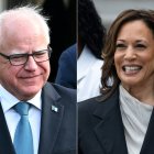 (COMBO) This combination of pictures created on August 2, 2024, shows US Vice President Kamala Harris in Washington, DC on July 22, 2024, and Governor of Minnesota Tim Walz in Washington, DC, July 3, 2024. - Harris named Walz as her running mate on August 6, 2024, US media reported, as the vice president prepares to take on Republican Donald Trump in November's US election. (Photo by Jim WATSON and Chris Kleponis / AFP)