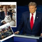 Montaje con una imagen de Donald Trump durante el debate en ABC junto a publicaciones de memes con gansos y mascotas en Truth Social.