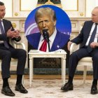 Montaje con el rostro de Trump sobre una reunión Asad-Putin