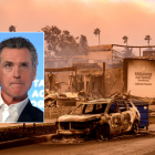 Imagen editada del gobernador Newsom y una foto de los incendios forestales