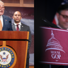 Los líderes demócratas Chuck Schumer y Hakeem Jeffries (i); al lado del speaker Mike Johnson (d)