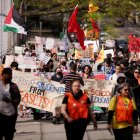 Protesters march from City College to Columbia University against the Trump administration's policies and to demand "liberty, solidarity and accountability" from their universities in New York on April 25, 2025. (Photo by Leonardo Munoz / AFP)