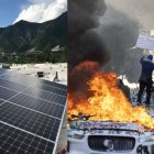 Montaje con paneles solares y disturbios contra el ICE en LA