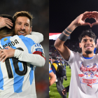 Lionel Messi y Thiago Almada (i) se abrazan y Gustavo Gómez (d), capitán de Paraguay, celebra la clasificación al Mundial