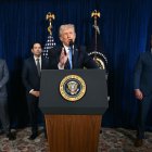 US President Donald Trump, alongside (L/R) Deputy Chief of Staff Stephen Miller, Secretary of State Marco Rubio, and US Secretary of Defense Pete Hegseth, speaks to the press following US military actions in Venezuela, at his Mar-a-Lago residence in Palm Beach, Florida, on January 3, 2026. President Trump said Saturday that US forces had captured Venezuelan leader Nicolas Maduro after launching a "large scale strike" on the South American country. (Photo by Jim WATSON / AFP)