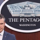 US Secretary of Defense Pete Hegseth speaks during a press briefing at the Pentagon in Washington, DC, on April 16, 2026. The United States will prevent all shipping from entering or exiting Iranian ports in the Strait of Hormuz for "as long as it takes," US Defense Secretary Pete Hegseth said on Thursday, the fourth day of the blockade. (Photo by SAUL LOEB / AFP)