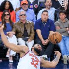 Karl-Anthony Towns #32 of the New York Knicks dunks during their  2026 NBA regular season game against the LA Clippers on Monday March 9, 2026 at Intuit Dome Arena in Inglewood, California. JAVIER ROJAS/PI