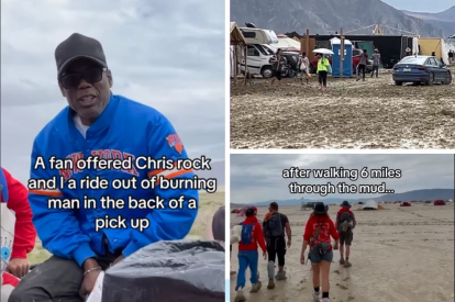 Chris Rock abandonando el Burning Man Festival en una pick up, junto al estado del recinto y gente andando por el barro.