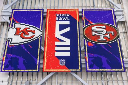 Banners on display during team arrivals ahead of the NFL Super Bowl 58 football game between the San Francisco 49ers and the Kansas City Chiefs in Las Vegas, Nevada on February 4, 2024.