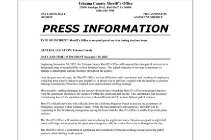 comunicado Tehama Sheriff