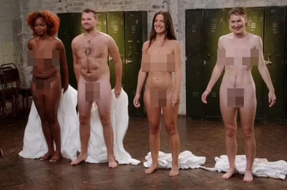 Screenshot from Channel 4 UK's 'Naked Education' program showing adult participants naked in front of children.