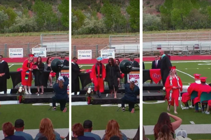 Screenshots of students at Grand Valley School in Parachute, Colorado, wearing assorted long scarves.