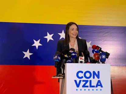 (María Corina Machado at a press conference this Tuesday, October 24, regarding the results of the opposition primaries).