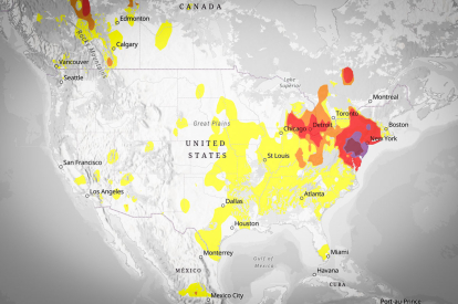 Screenshot showing the states at risk from the effects of the toxic cloud from Canada.