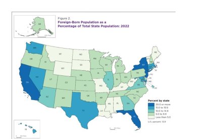 Map of the percentage of population not born in the US.