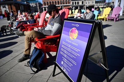 Safety information for viewing the total solar eclipse seen in Springer Market Square, an official viewing location, one day before the eclipse will be visible in Kingston, Ont., Sunday, April 7, 2024.
