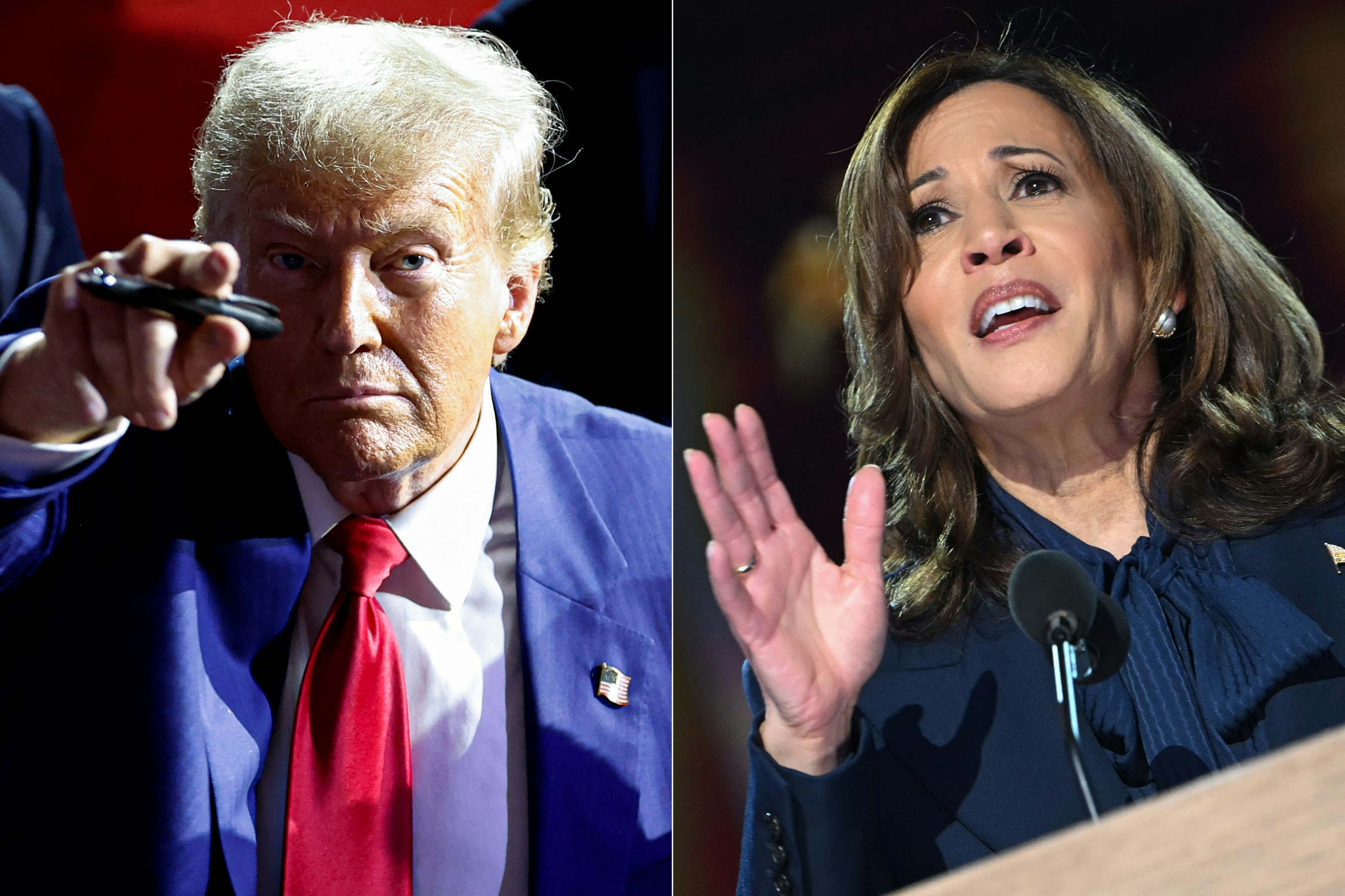 Elecciones Presidentiales 2024 | Donald Trump signals and Kamala Harris gestures during the campaign.